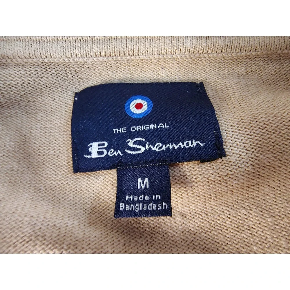 Ben Sherman Mens Tan Ribbed Knit Short Sleeve Polo Shirt V-Neck Size M Striped - Picture 4 of 9